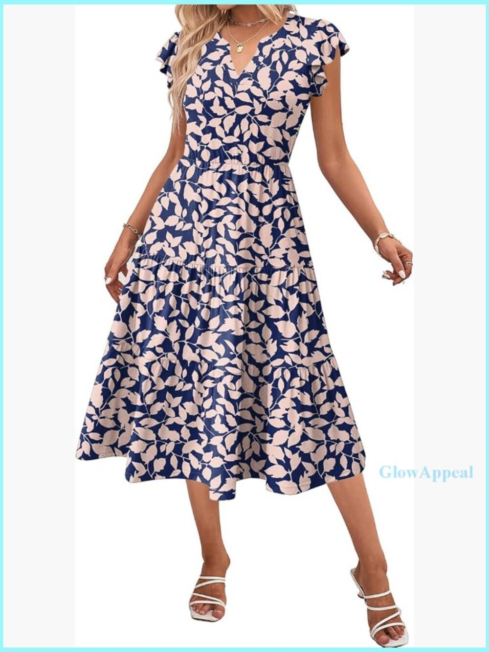 Ruffle Sleeve V-Neck Midi Dress with Pockets, Flowy Tiered Summer Casual